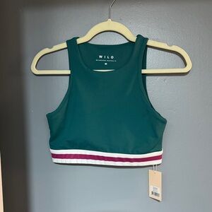 Wilo Teal Sports Bra with Burgundy and White Accents